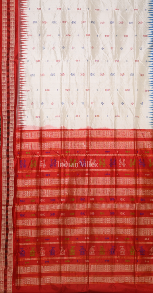 White Red Ganga Jamuna Border Odisha Ikat Bomkai Silk Saree