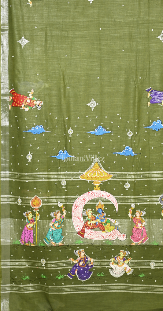Mehendi Green Ardha Chandra Krishna Rasa Leela Hand-Painted Pattachitra Saree(Linen)