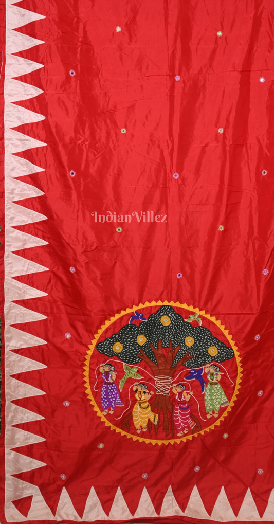 Red Vat Savitri Theme Hand Embroidered Applique Work Saree