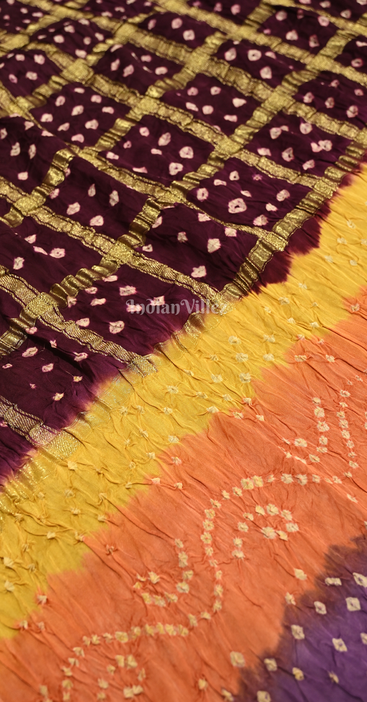 Wine with Multi Color Bandhej Ghatchola Gaji Silk Saree with Zari Work