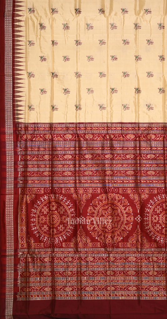 Beige Maroon Tribal Theme Odisha Ikat Bomkai Sambalpuri Silk Saree
