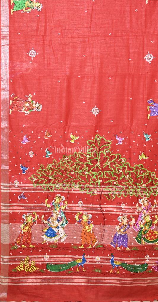 Red Raja Doli Theme Hand-Painted Pattachitra Saree