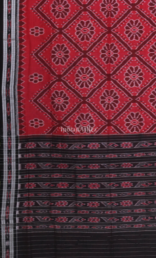 Red Black Bada Phula Odisha Ikat Maniabandha Cotton Saree