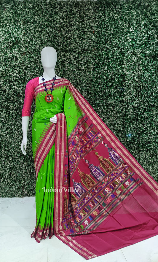 Parrot Green Rani Pink Shree Mandir Theme Bomkai Sambalpuri Silk Saree