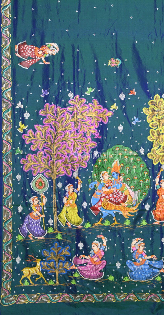 Teal Blue (Mayur) & Nartaki Theme Dual Tone Hand-Painted Pattachitra Saree