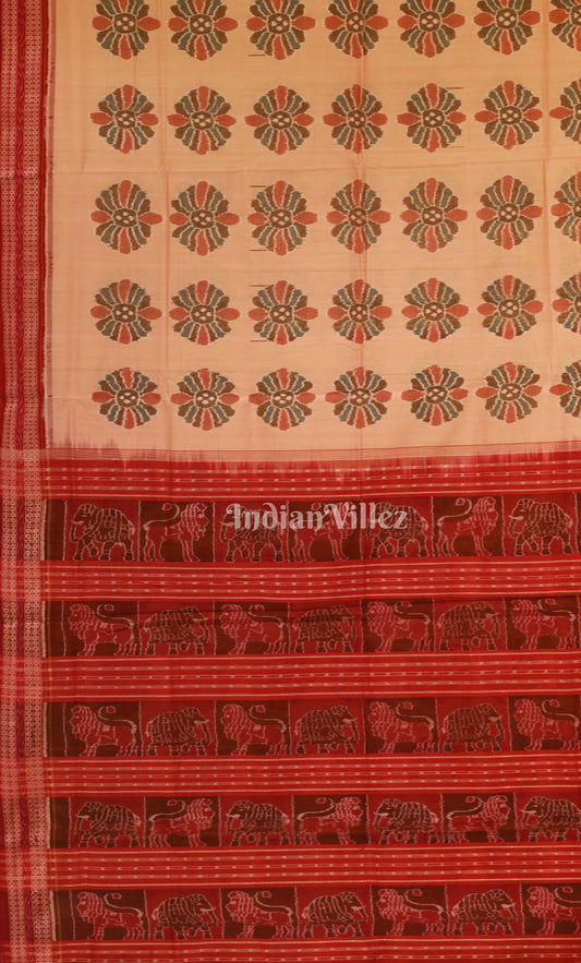 Cream Red Floral Motif Sambalpuri Cotton Saree with Jungle Anchal