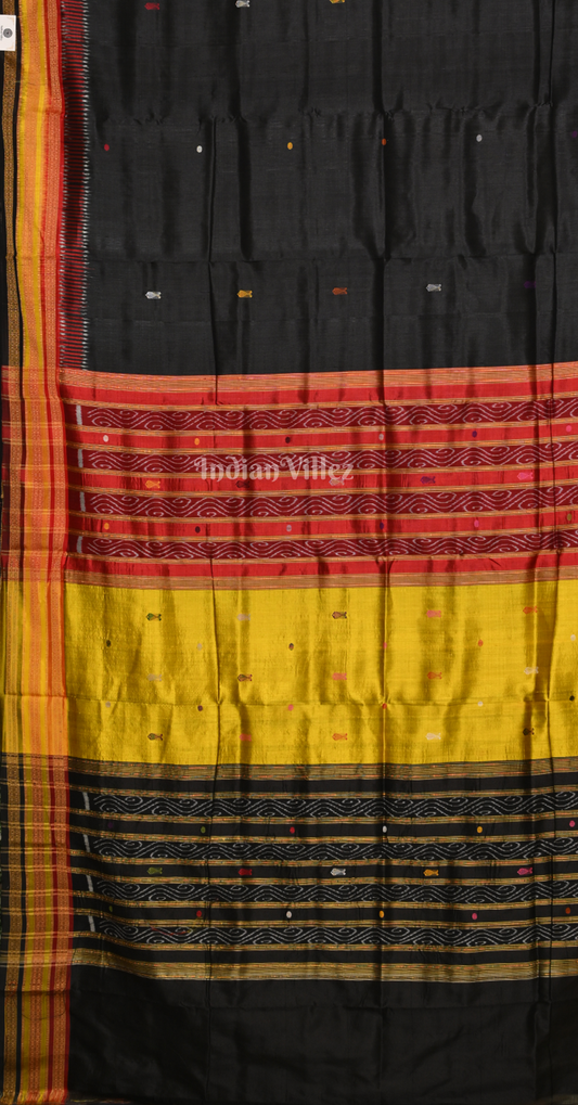 Black Kathiphera Odisha Ikat Khandua Silk Saree with Fish Motif Anchal