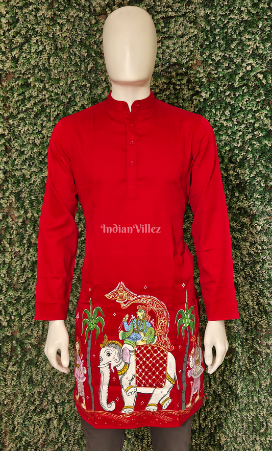 Red Kandarpa Hati (Elephant) Hand-Painted Pattachitra Kurta