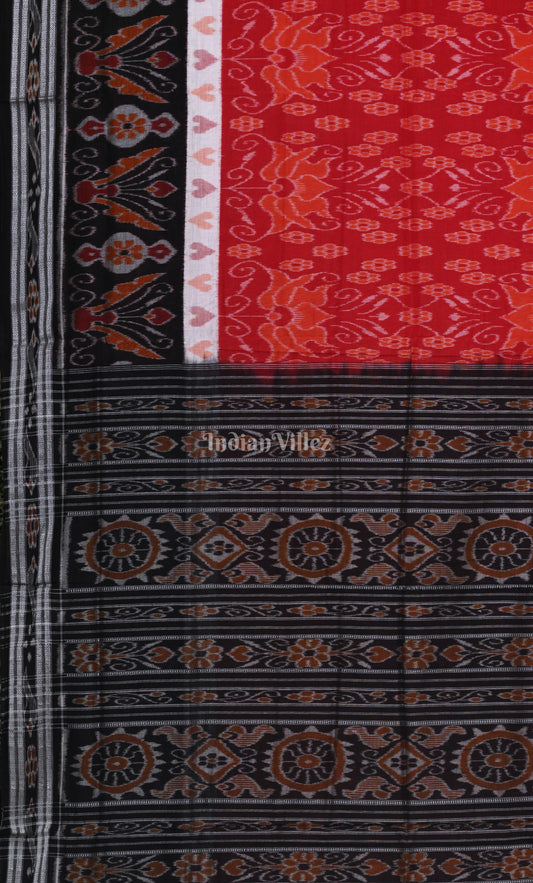 Red Black Flower Motif Odisha Ikat Sambalpuri Cotton Saree