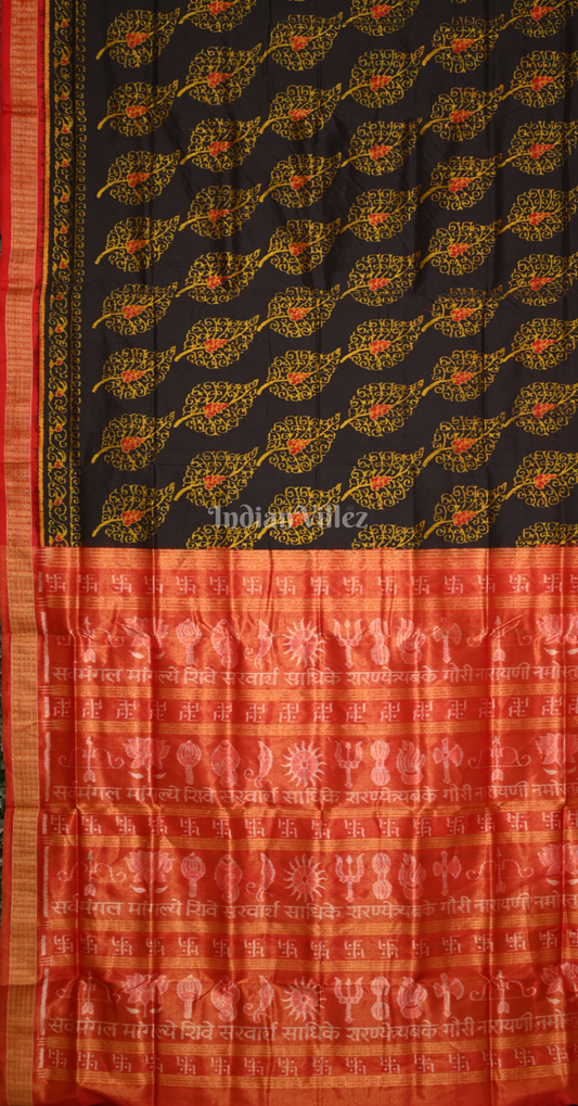 Exclusive Black Red Peepal Leaves Half Tissue Sambalpuri Silk Saree with Swastik Anchal