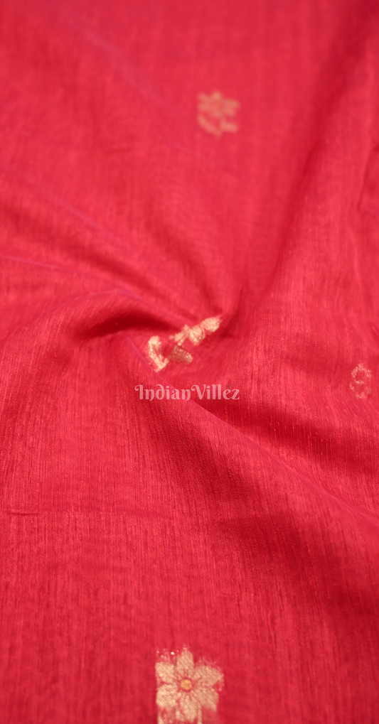 Rani Pink Linen Cotton Saree with Gold Zari Floral Pallu