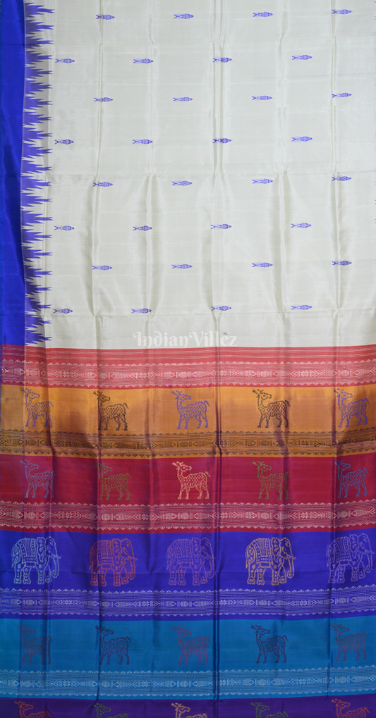 White Blue Fish Motif Double Pallu Berhampuri Silk Saree