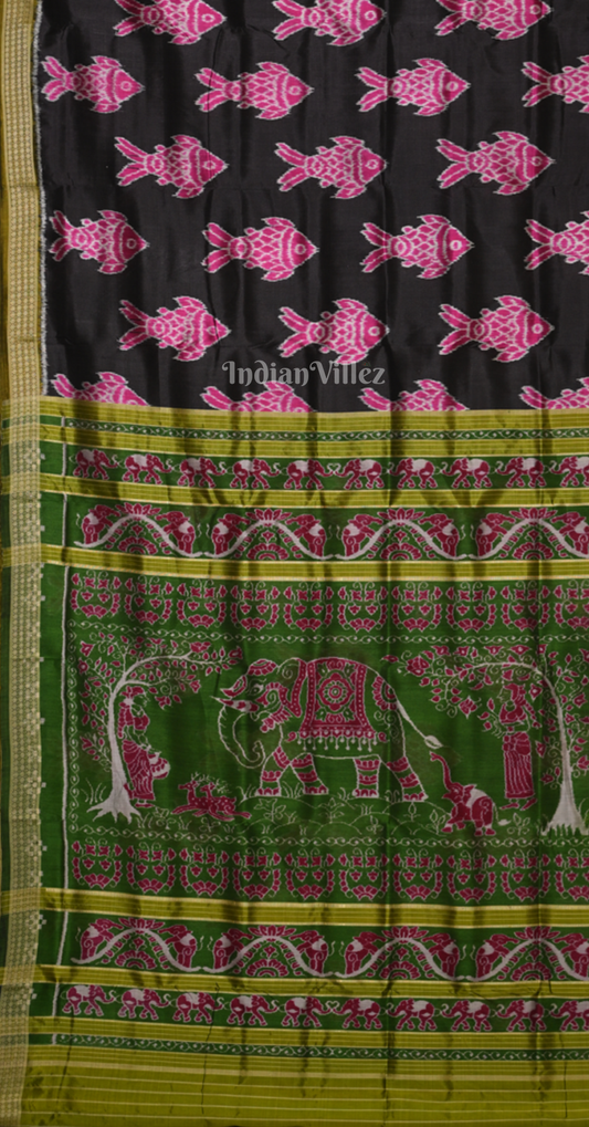 Black Green Fish Motif Odisha Ikat Sambalpuri Silk Saree