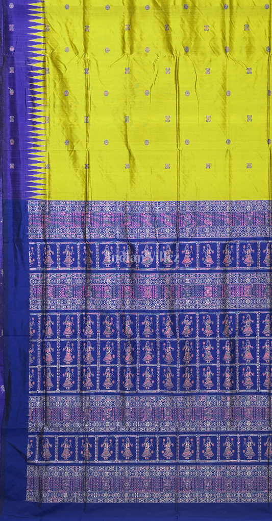 Neon Green Blue Buti Design Odisha Ikat Bomkai Sambalpuri Silk Saree with Doll Anchal