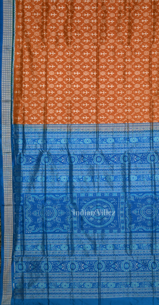 Rust Orange Blue Tribal Theme Odisha Ikat Sambalpuri Silk Saree