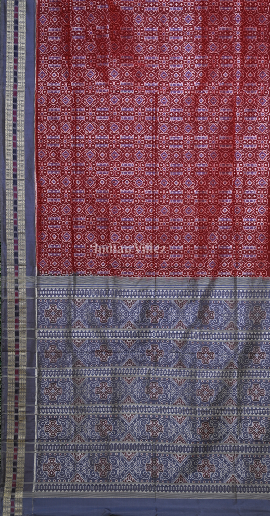 Maroon Blue Telia Rumal Odisha Ikat Sambalpuri Silk Saree with Double Blouse Piece
