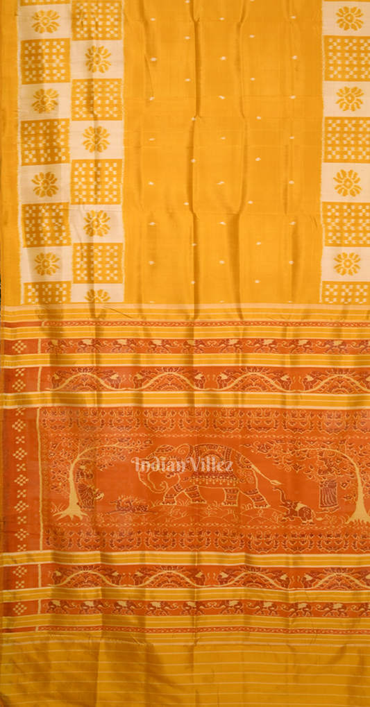 Mustard Yellow Pasapali Scot Contemporary Designer Silk Saree with Elephant Anchal