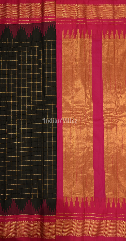Black Rani Pink Check Pure Gadwal Silk Saree