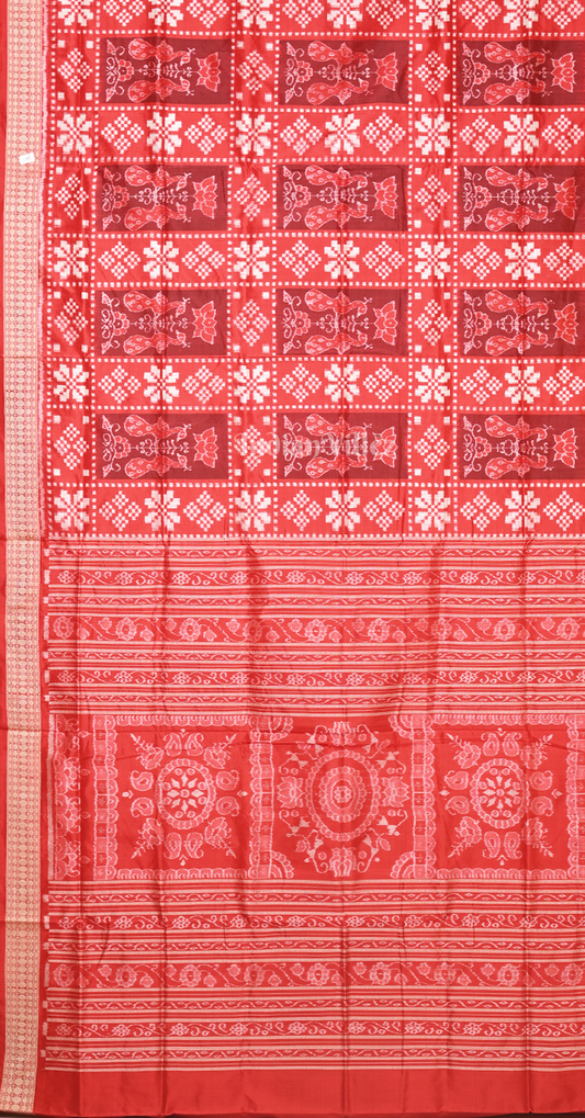 Exclusive Red Lotus Peacock Box Pasapali Odisha Ikat Sambalpuri Silk Saree