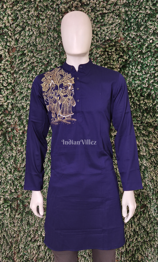 Navy Blue Radha Krishna Theme Hand-Painted Pattachitra Kurta