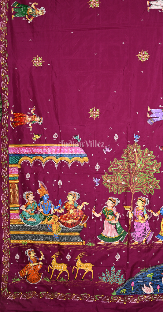 Magenta Pink Radha Krishna Raas Leela Hand-Painted Pattachitra Saree