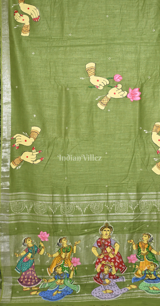 Mehendi Green Mudra Theme Hand-Painted Pattachitra Saree