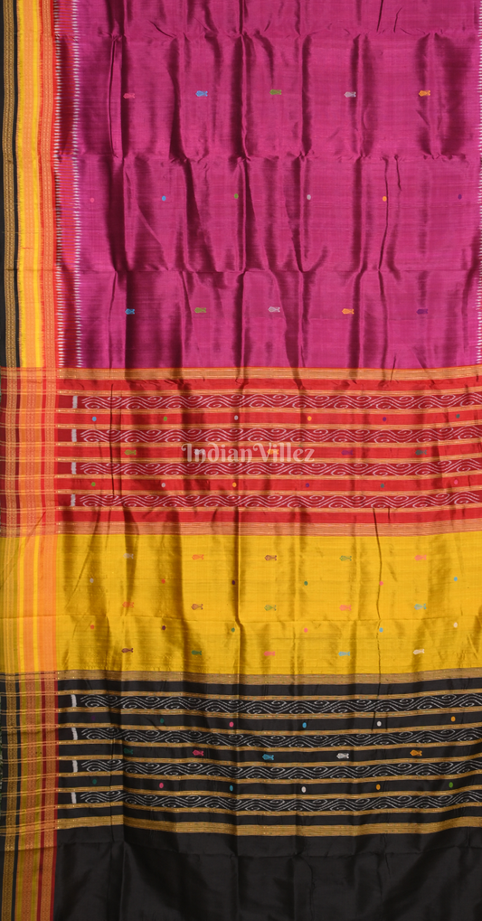 Magenta Pink Fish Motif Kathiphera Odisha Ikat Khandua Silk Saree