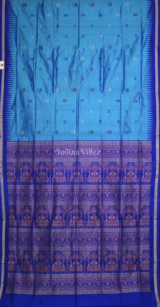 Sky Blue Laxmi Feet Lotus Odisha Ikat Bomkai Sambalpuri Silk Saree