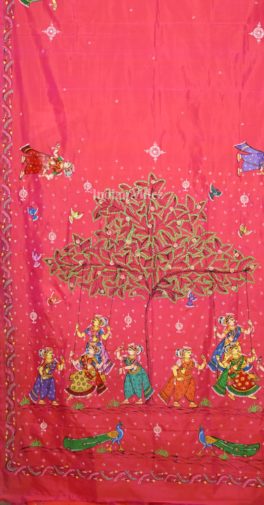 Magenta Pink Raja Doli Theme Hand-Painted Pattachitra Saree
