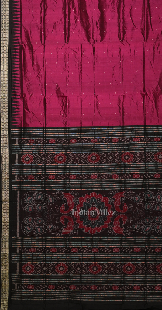 Magenta Pink Black Butti Design Odisha Ikat Bomkai Silk Saree