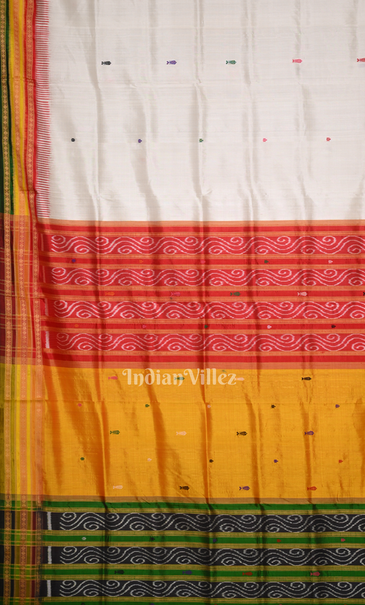 White Green Fish Motif Kathiphera Odisha Ikat Khandua Silk Saree