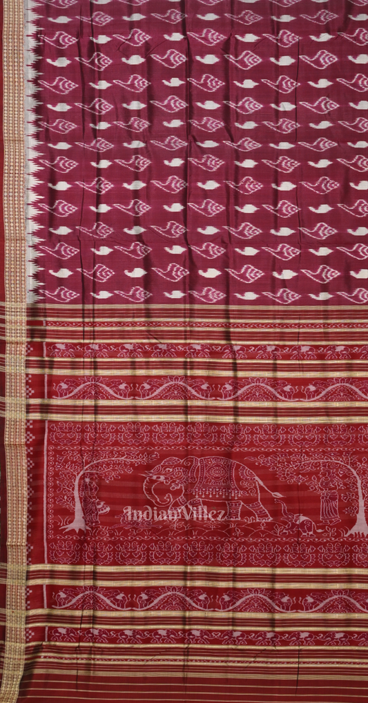 Maroon Sankha Motif Odisha Ikat Sambalpuri Silk Saree with Elephant Anchal
