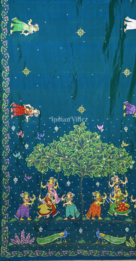 Peacock Blue Raja Doli Theme Hand-Painted Pattachitra Saree
