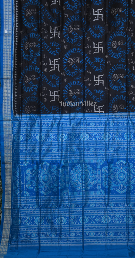 Black Blue Tribal with Swastik Motif Odisha Ikat Sambalpuri Silk Saree