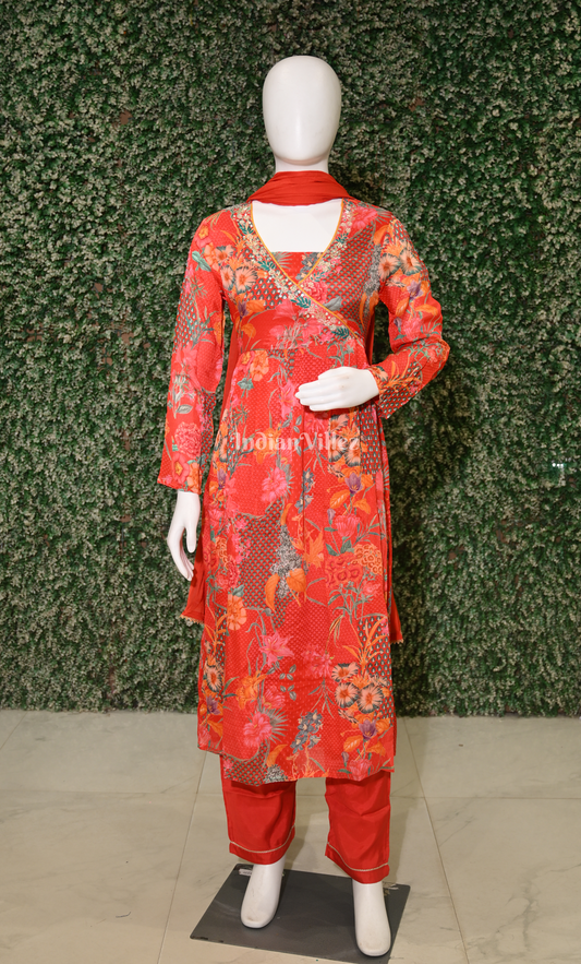 Red Floral Embroidered urta Plazzoo with Dupatta set