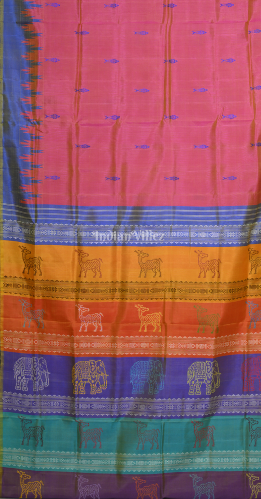 Pink Blue Fish Motif Double Pallu Berhampuri Silk Saree