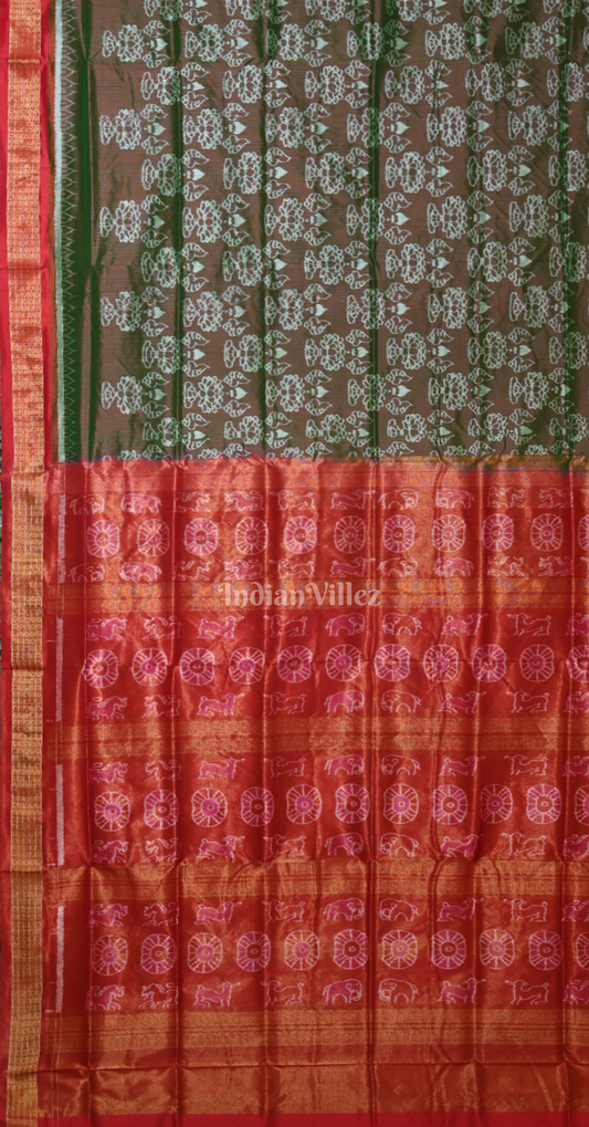 Moss Green Red Sankha Padma Motif Half Tissue Odisha Ikat Sambalpuri Silk Saree