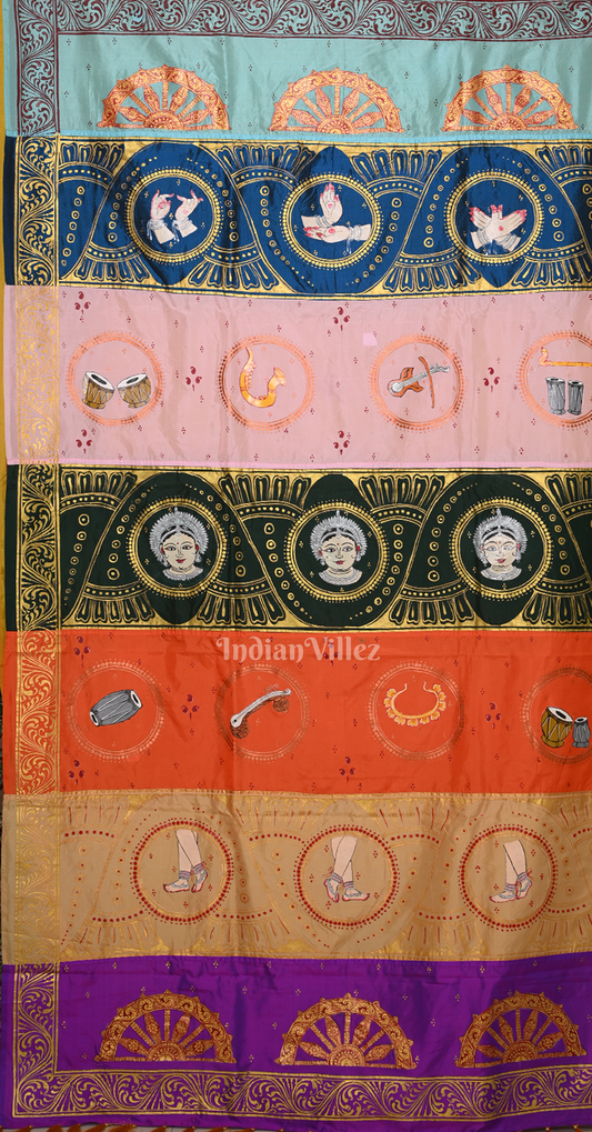 Mustard Yellow Musical Instruments & Dancer Theme Hand-painted Pattachitra Saree