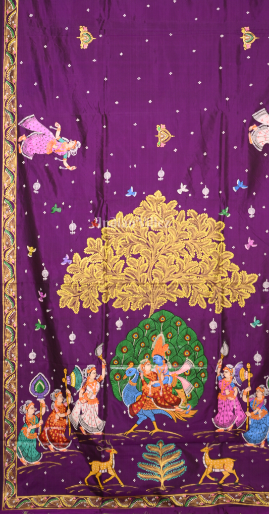 Purple Green Peacock (Mayur) & Nartaki Theme Dual Tone Hand-Painted Pattachitra Saree