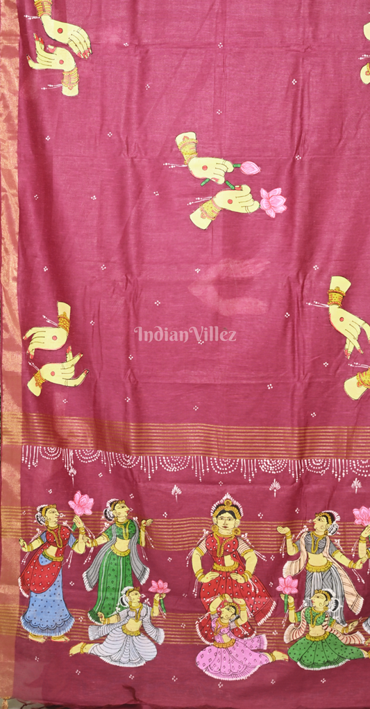 Magenta Pink Nartaki Mudra Theme Hand-Painted Pattachitra Saree