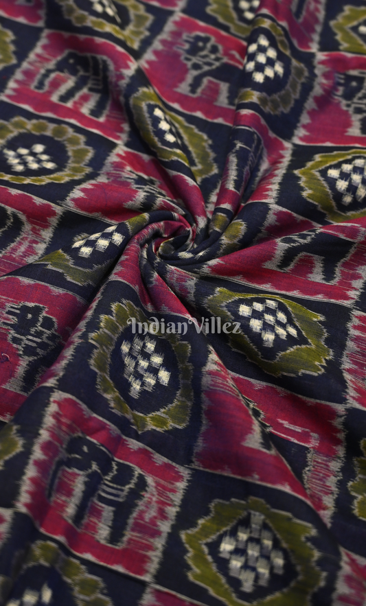 Blue Maroon Jungle Theme Odisha Ikat Sambalpuri Cotton Fabric