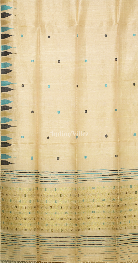 Beige Blue Tussar Silk Jamdani Saree