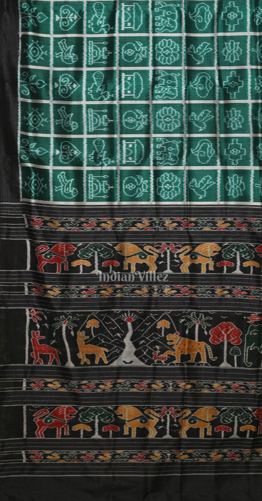 Teal Green Black Nabakothi Designer Contemporary Silk Saree with Jungle Anchal