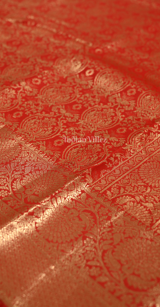 Exclusive Bright Red Golden Floral Pure Brocade Kanjivaram Silk Saree