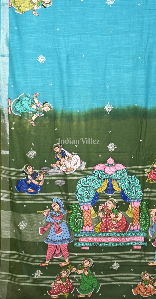 Blue Mehendi Green Doli Barat Theme Hand-Painted Pattachitra Saree