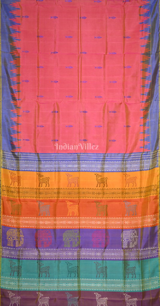 Peach Pink Blue Fish Motif Double Pallu Berhampuri Silk Saree