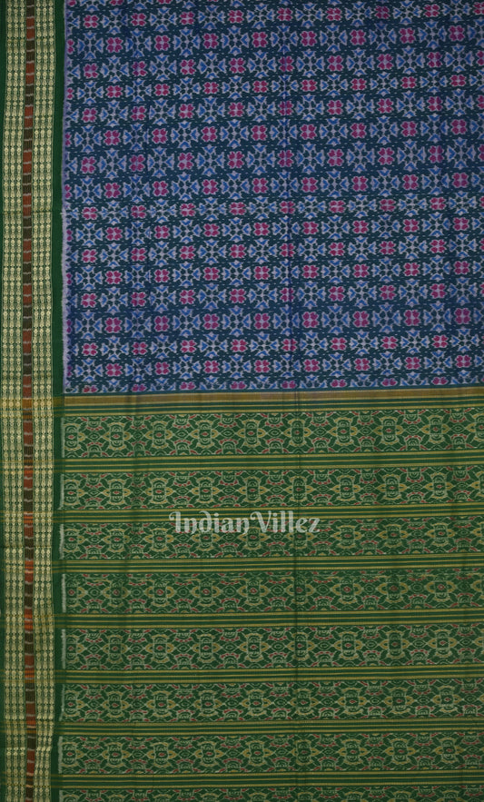 Blue Green Flower Motif Odisha Ikat Sambalpuri Cotton Saree