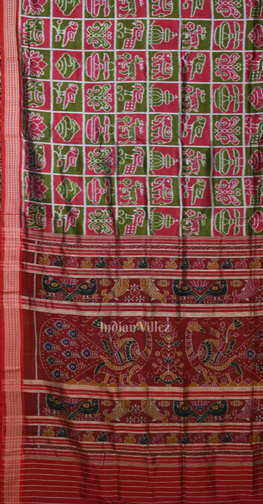 Mehendi Red Maroon Nabakothi Odisha Ikat Sambalpuri Silk Saree