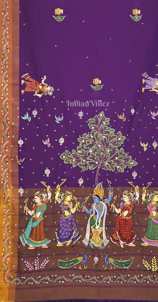 Purple Brown Dandiya Raas Theme Hand-Painted Pattachitra Saree