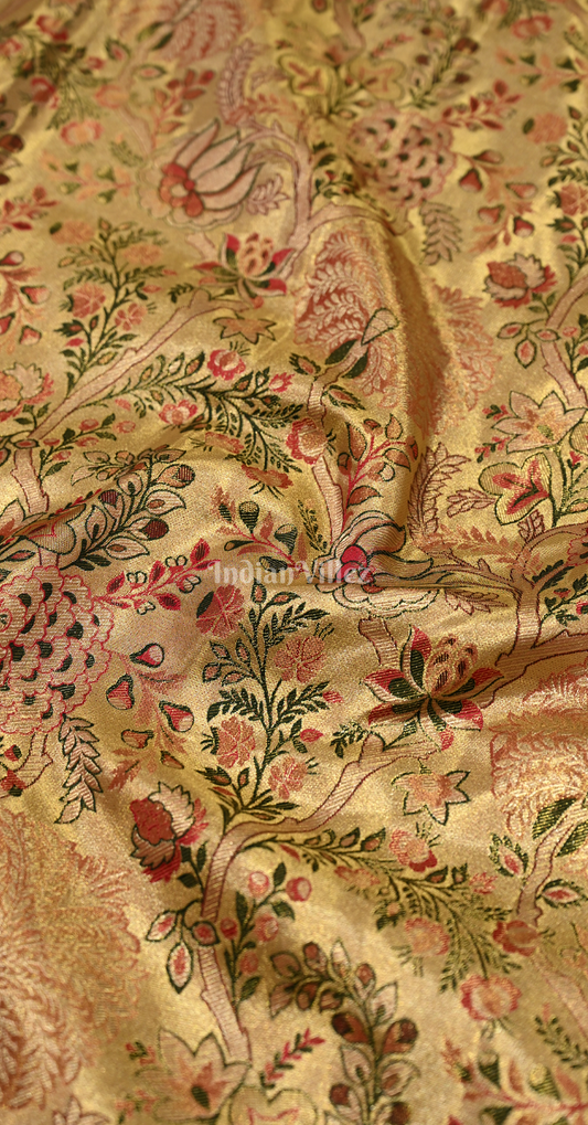 Golden Red Floral Brocade Pure Kanjivaram Tissue Silk Saree